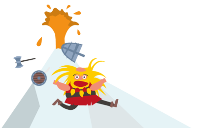 Illustrasjon av en redd viking som løper bort fra en vulkan som spruter ild. 