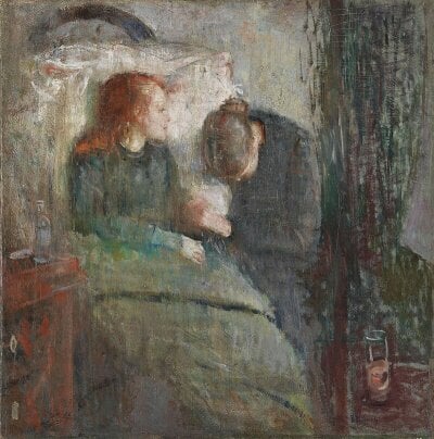 Maleriet av en syk jente som ligger i sengen mens moren sitter ved siden av med hodet bøyd, malt av Edvard Munch.
