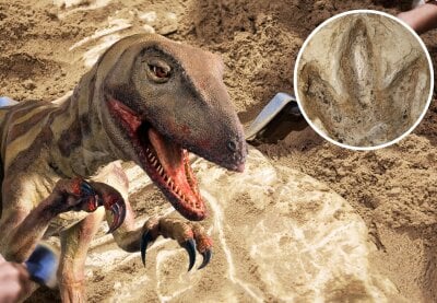 Bilde av en dinosaur med klørne synlig, samt et utsnitt av et fossil som viser merker av klørne til en dinosaur