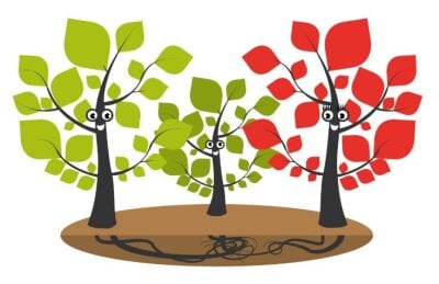 Illustrasjon av tre trær som smiler.