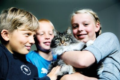tre barn koser med en katt.