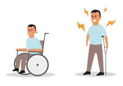 Illustrasjon av en mann som sitter i rullestol og en mann som går med en krykke