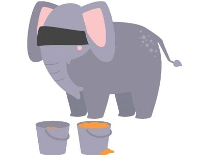 Illustrasjon av en elefant med bind for øynene som lukter på bøtter med ulikt innhold. 