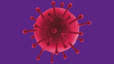 Illustrasjon av rødt koronavirus mot lilla bakgrunn