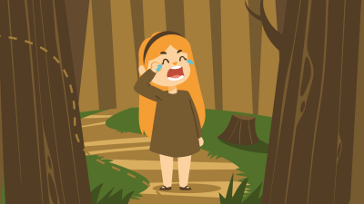 Tegning av jente som gråter så tårene spruter i en mørk skog