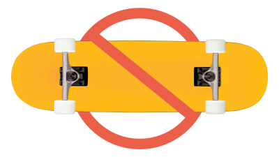 Gult skateboard med rødt forbudsskilt