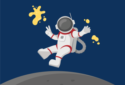 Astronaut svever over grå planet med gule blobber av væske rundt seg
