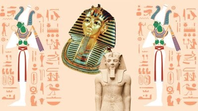 Illustrasjon av Osiris - de dødes gud og foto av Tutankhamon-byste