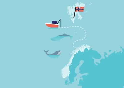 Tegnet kart over Norge med Svalbard som viser fiskebåt, hval og norskt flagg