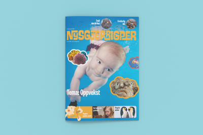 Forsiden til Nysgjerrigper 3-2018 med bilde av en baby som svømmer og teksten Tema: Oppvekst