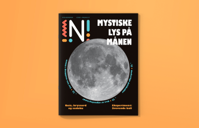 Forsiden til Nysgjerrigper 1-2020 med bilde av månen og teksten Mystiske lys på månen