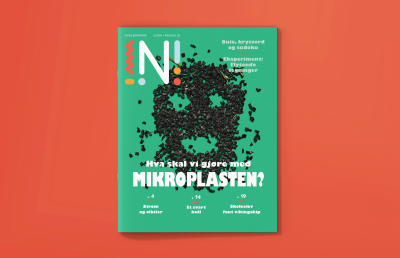 Forsiden til Nysgjerrigper 3-2019 med bilde av gummigranulat formet som dødninghode og teksten Hva skal vi gjøre med mikroplasten?