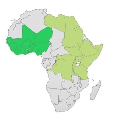 Kart over Afrika der land i sør vest er merket mørkegrønt og land i midtre  og nordlige dele lysegrønt