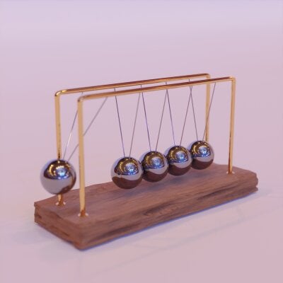 Newtons vugge: Fem kuler henger i et stativ, en kule er dratt ut og er klar til å slå i de andre kulene og derved fordele kraft fra den løftede kulen til de andre kulene