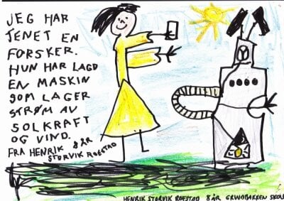 Tegnet av HenrikR, 8 år: Jeg har tegnet en forsker. Hun har lagd en maskin som lager strøm av solkraft og vind