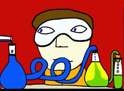 Tegning av en forsker på lab med vernebriller som ser ut som superheltbriller