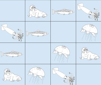 Enkle illustrasjoner av ulike dyr og fisk i havet 