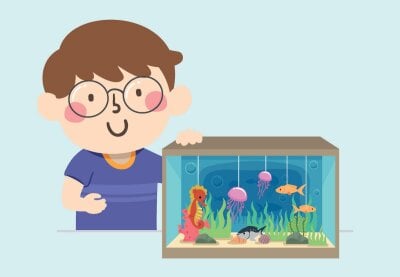 Tegning av gutt med modell av havbunnen i en boks