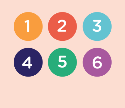 Tallene 1 til 6 i sirkler med hver sin farge og rosa bakgrunn