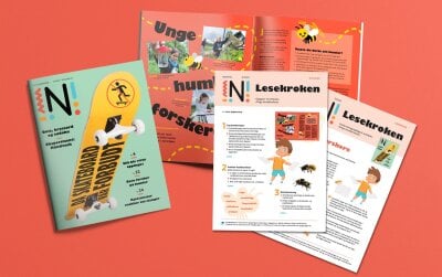 Forsiden og oppslag fra Nysgjerrigper nr 3-2020 med Lesekroken-oppgaver