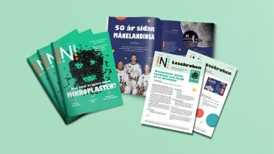Nysgjerrigper-bladet 3-2019, artikkel 50 år sidan månelandinga og Lesekroken-oppgaver på grønn bakgrunn