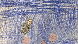 Tegning av en gutt i svart drakt som dykker etter koraller