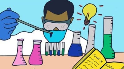 Tegning av en som jobber med ulike stoffer på en lab