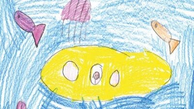 Tegning av en gul ubåt som er under vann
