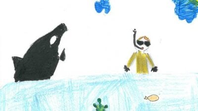 Tegning av en som snorkler og møter på en hai