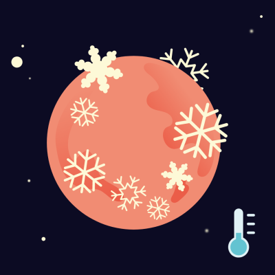 Rød planet mot med stjerner rundt og med iskrystaller tegnet på, et blått termometer ved siden av